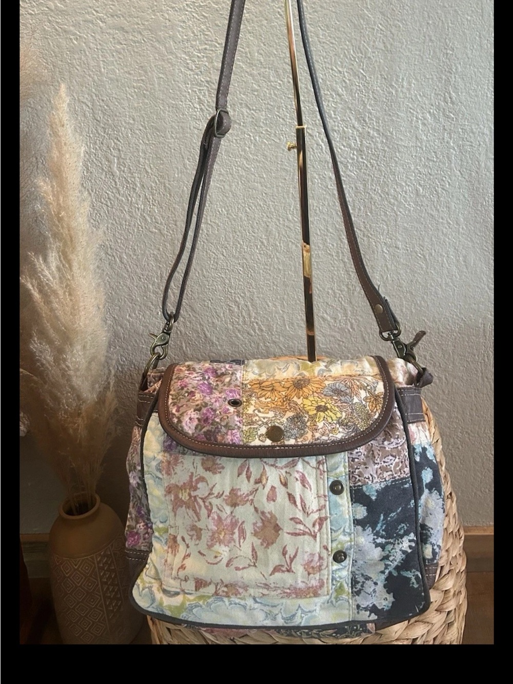 Myra Bag Le Fleur Fiori Patchwork Canvas Leather Crossbody Handbag Purse S-6392
